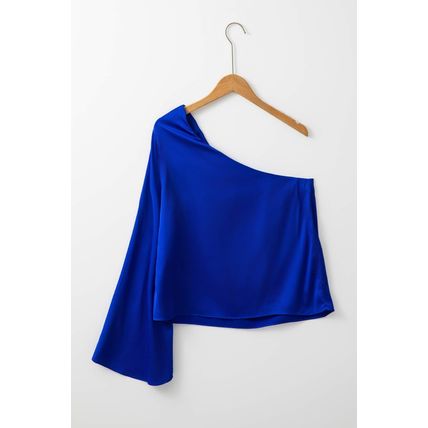 Dark Blue Asymmetric One Shoulder Bell Sleeve Satin Blouse
