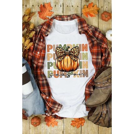 White PUMPKIN Season Leopard Bow Print Crew Neck T Shirt