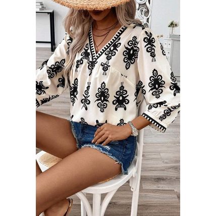 Beige Vintage Geometric Printed 3/4 Sleeve V Neck Blouse