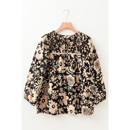 Black Floral Shirred Yoke Bracelet Sleeve Split Neck Boho Blouse
