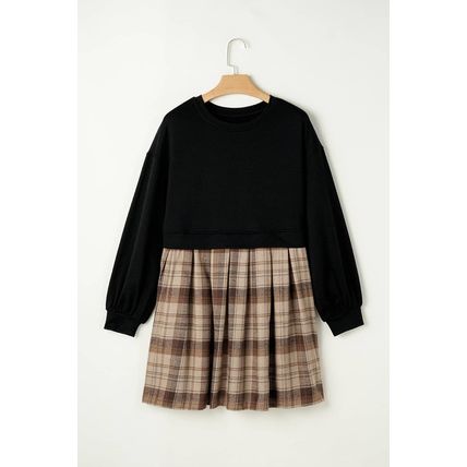 Black Plaid Patchwork High Waist Sweatshirt Mini Dress