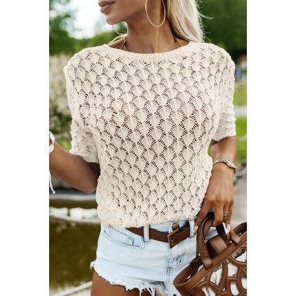 Beige Hollow Out Crochet O Neck Short Sleeve Sweater Tee
