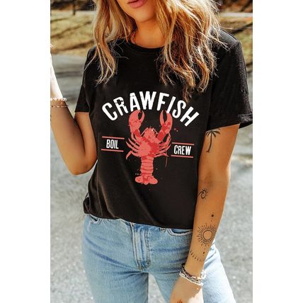 Black CRAWFISH BOIL CREW Distressed Letter Graphic T Shirt