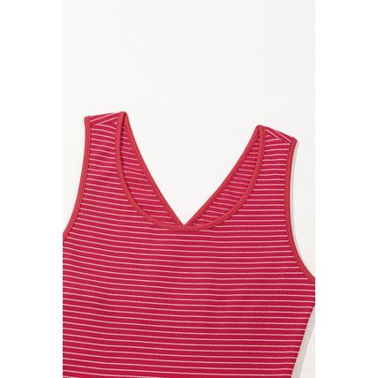 Red Stripe Criss Cross Side Slits Slim Fit Sleeveless Midi Dress