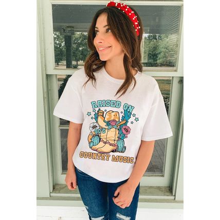 White RAISED ON COUNTRY MUSIC Western Graphic Tee