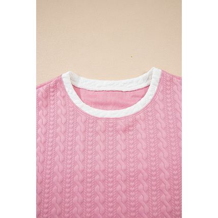 Pink Contrast Trim Textured Crewneck Tee and Pocketed Skirt Set