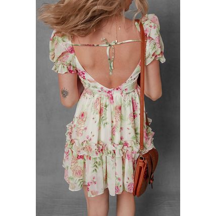 White Vibrant Floral Bubble Sleeve Sweetheart Neck Ruffle Mini Dress