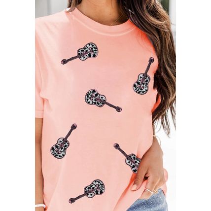 Pink Leopard Guitar Sequin Patch Crew Neck Tee
