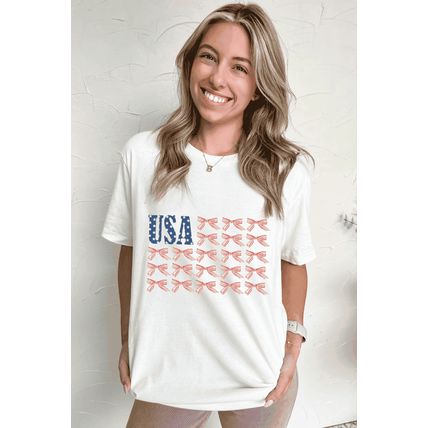 White USA Flag Bow Knot Print Round Neck T Shirt