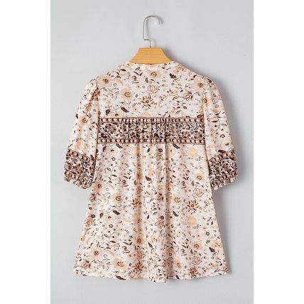 Khaki Boho Floral Print Half Placket Short Sleeve Loose Blouse