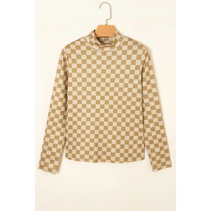 Khaki Check Pattern Turtleneck Ribbed Slim Long Sleeve Tee