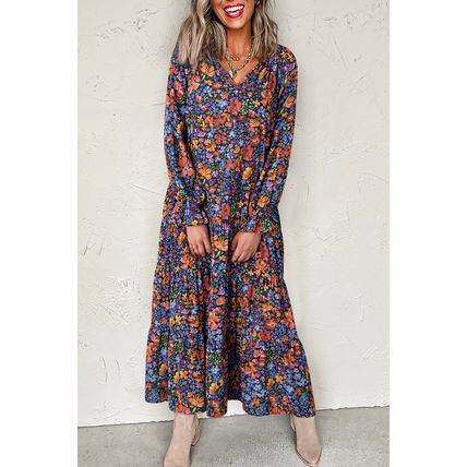 Blue Floral Print Tassel Tie V Neck Long Sleeve Flowy Long Dress