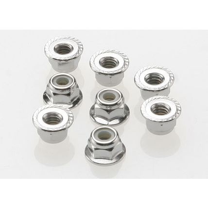 TRA3647 TRAXXAS Nuts, 4mm flanged nylon locking (steel, serrated) (8)