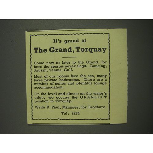 1949 The Grand Hotel Torquay Ad - It's grand at The Grand, Torquay