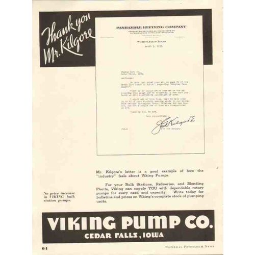 VIKING PUMP COMPANY 1937 Panhandle Refining Co petroleum vintage ad