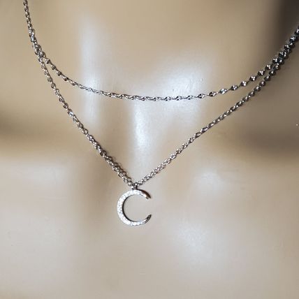 925 Silver Double Necklace Topaz Moon Pendant - Very Dainty