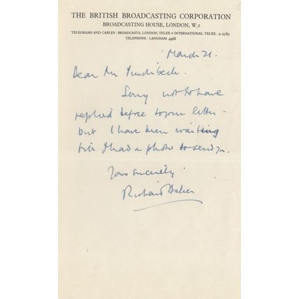 Richard Baker Newsreader 1950s BBC Old Hand Signed Letter