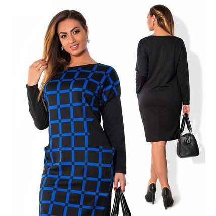 Women's Blue & Black Casual O-Neck Plaid Office Dress (2XL)
