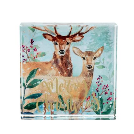 Merry Christmas Paperweight Stag & Deer in a Winter Scene Square Resin 2 CM