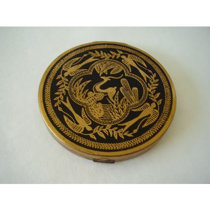 Vintage Art Deco Stag Woodcut Design Powder Compact 3.5" Quatrefoil Bird & Leaf