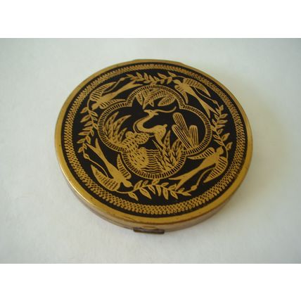 Art Deco Stag Woodcut Design Loose Powder Compact 3.5" Vintage Deer Bird & Leaf