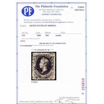 218, Used 90¢ XF Centering - With PFC Graded 90 Certificate * Stuart Katz