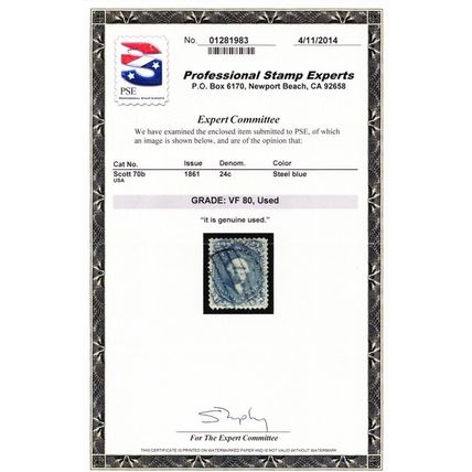 70b, Used VF 24¢ Steel Blue - With PSE Graded "85" And PFC * Stuart Katz