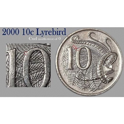 Australia 2000 10c Lyrebird - "Cud" north-west of '0' - Circulated