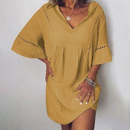 Women Short Mini Dresses Sleeve Sundress Ladies V Neck Bohemian Loose Cotton