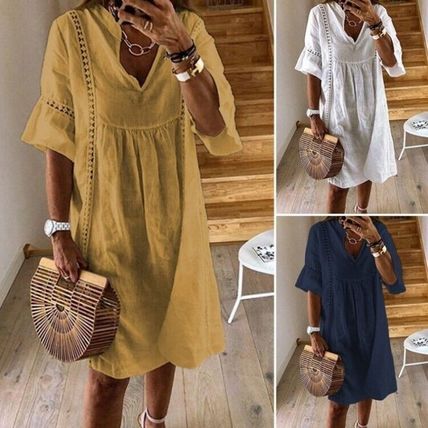 Women Short Mini Dresses Sleeve Sundress Ladies V Neck Bohemian Loose Cotton