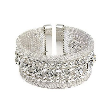 Mesh Bracelets w/ Clear Rhinestone & Chain Linear - Silver - BR-MB1110SV