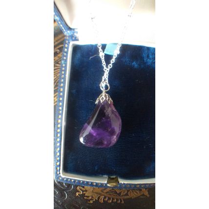 Vintage 1940-s Large Natural Amethyst Sterling Silver Chain - Heavy 9.60 grams.