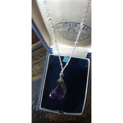 Vintage 1940-s Large Natural Amethyst Sterling Silver Chain - Heavy 9.60 grams.