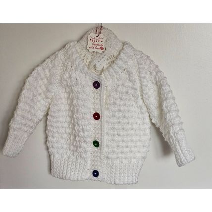 Hand Knitted White Chunky Wool Jacket & Hat to fit 18-24 months Approx BRAND NEW