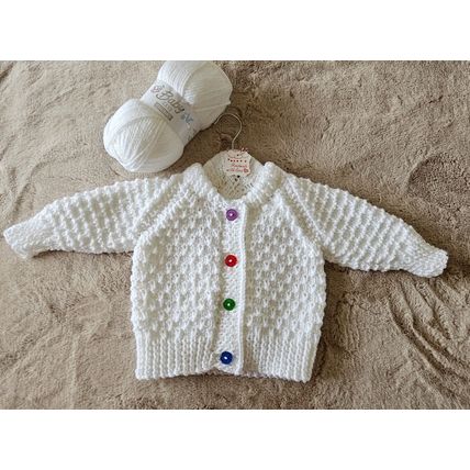Hand Knitted White Chunky Wool Jacket & Hat to fit 18-24 months Approx BRAND NEW