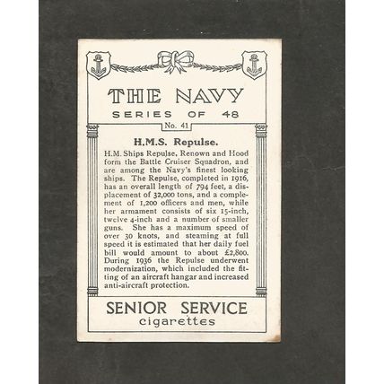 Cigarette Card Senior Service The Navy 1937 #41 HMS Repulse