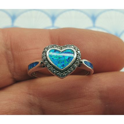 Vintage 925 Sterling Silver and Created Aqua Blue Fire Opal Heart Ring with Box