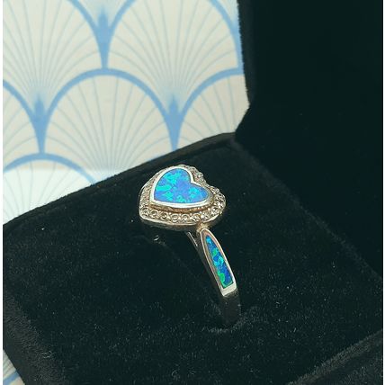 Vintage 925 Sterling Silver and Created Aqua Blue Fire Opal Heart Ring with Box