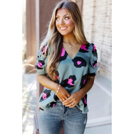 Sky Blue Ruched Short Sleeve Leopard Print Blouse