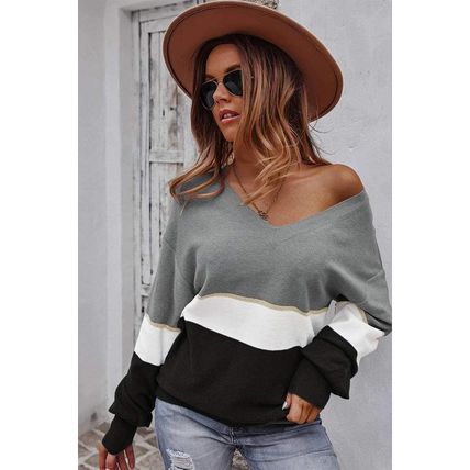 Gray Colorblock V Neck Sweater
