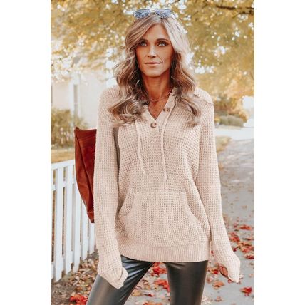 Apricot Waffle Knit Buttons Hooded Sweater with Pocket