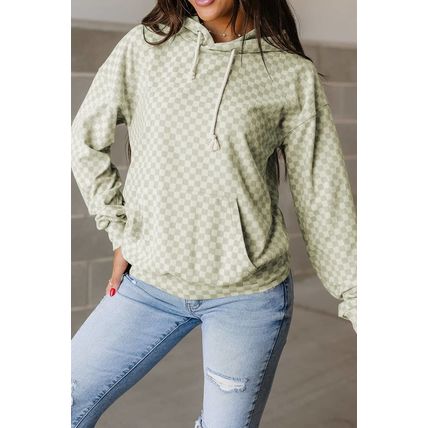 Green Checkered Print Kangaroo Pocket Drawstring Hoodie