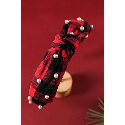 Red Dahlia Pearl Decor Christmas Plaid Knotted Headband