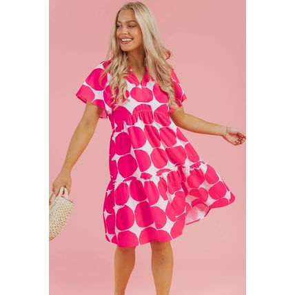 Rose Polka Dot Flutter Sleeve Notched Neck Tiered Flowy Dress