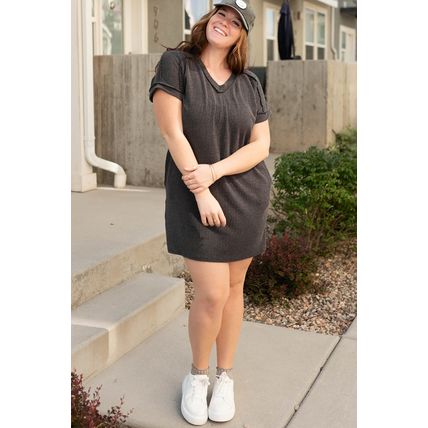 Carbon Grey Corded V Neck Plus Size T Shirt Dress with Pockets