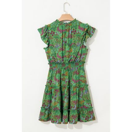 Green Floral Tie Split Neck Frilly Ruffle Trim Tiered Short Dress
