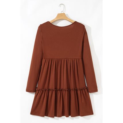 Straw Yellow Ribbed Frilled Trim High Waist Long Sleeve Mini Dress