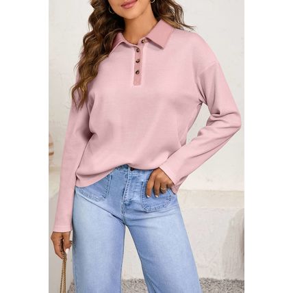 Light Pink Solid Color Long Sleeve Thermal Knit Polo Collar Patchwork Top