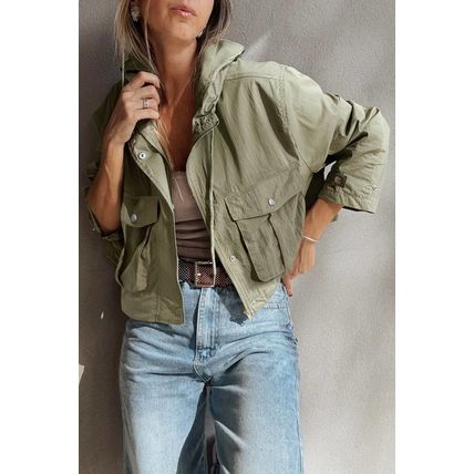 Laurel Green Zipped Pocket Cropped Hooded Utility Jacket
