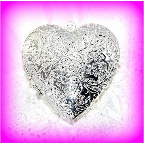 Lrg Love Heart Silver Plated Locket Engraved Pendant Craft Jewellery Making 1775